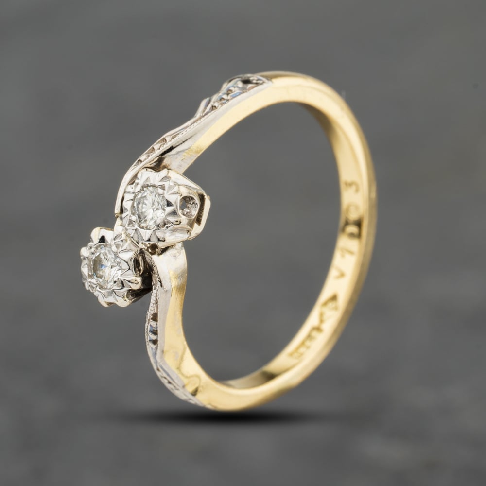 Second Hand Vintage 18ct Two Colour Gold 0.10ct Brilliant Cut Diamond Twist Two Stone Ring 41482564
