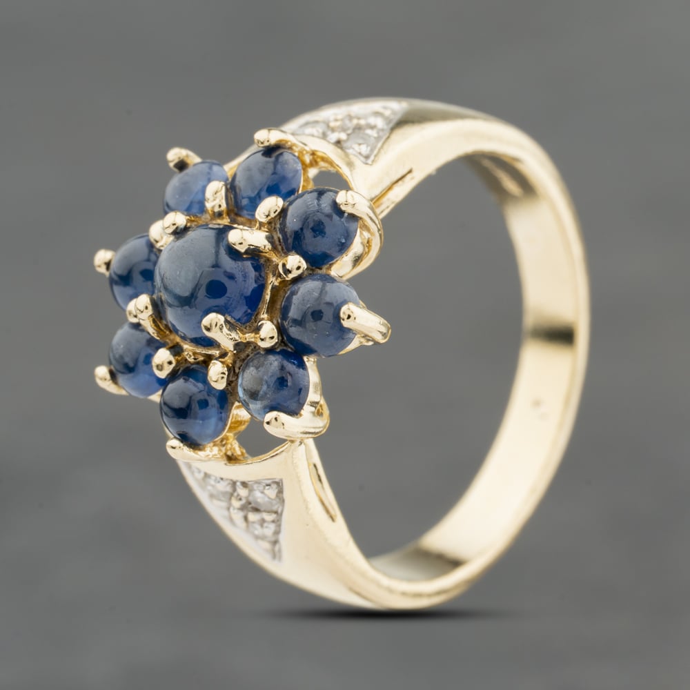 Second Hand 9ct Yellow Gold Sapphire & 0.12ct Brilliant Cut Diamond Flower Cluster Ring 41482573