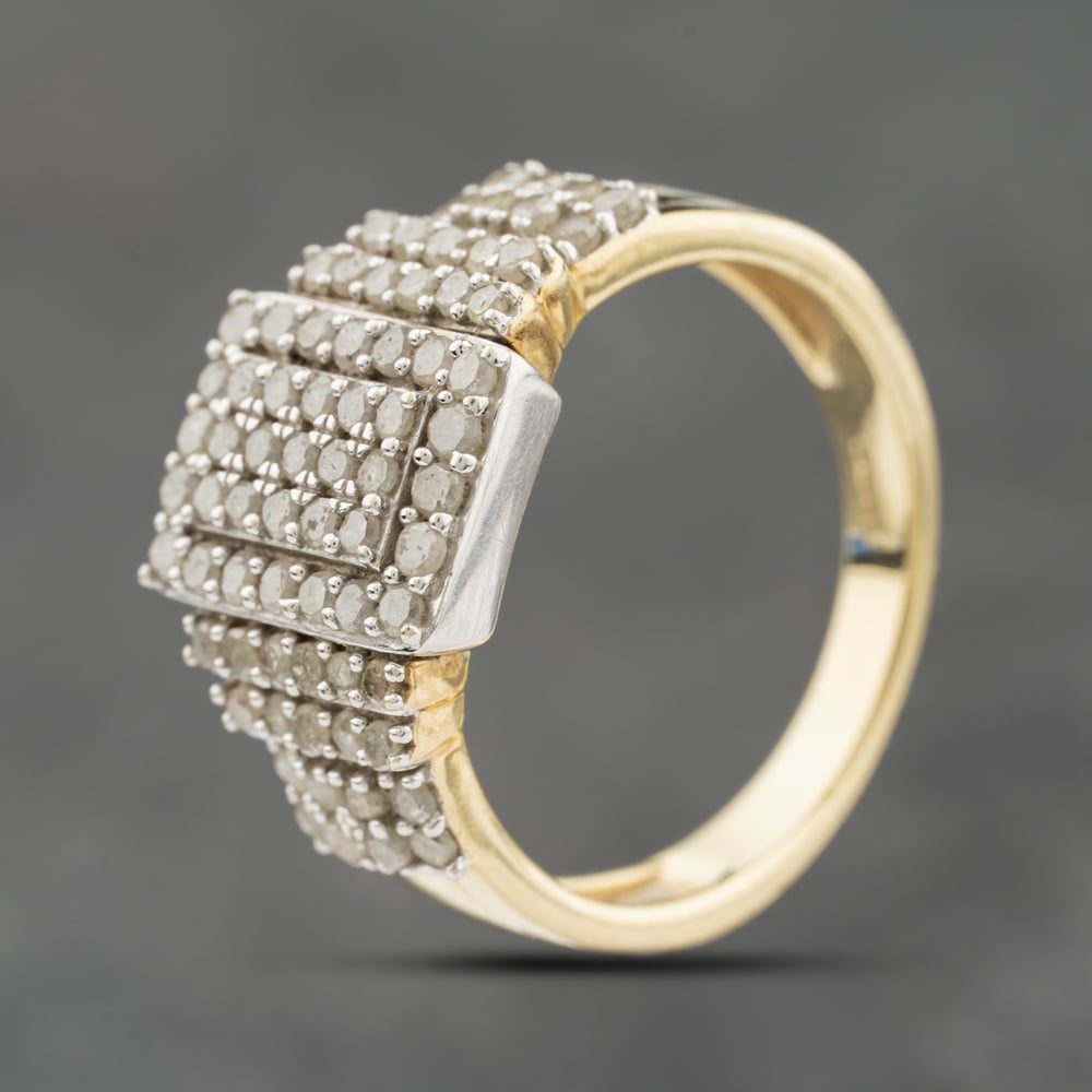 Second Hand 9ct Yellow Gold Brilliant Cut Diamond Oblong Diamond Set Shoulders Cluster Ring 41482667