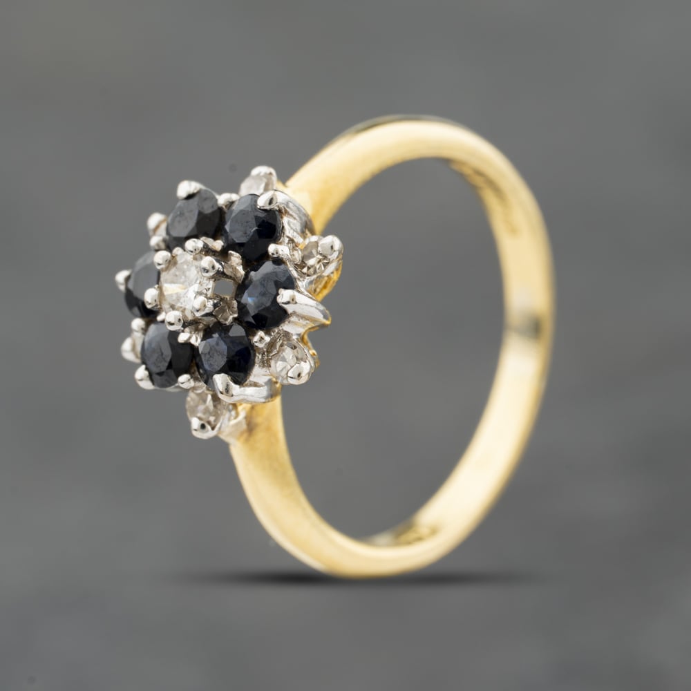 Second Hand 18ct Yellow Gold Sapphire & 0.20ct Brilliant Cut Diamond Flower Cluster Ring 41482669