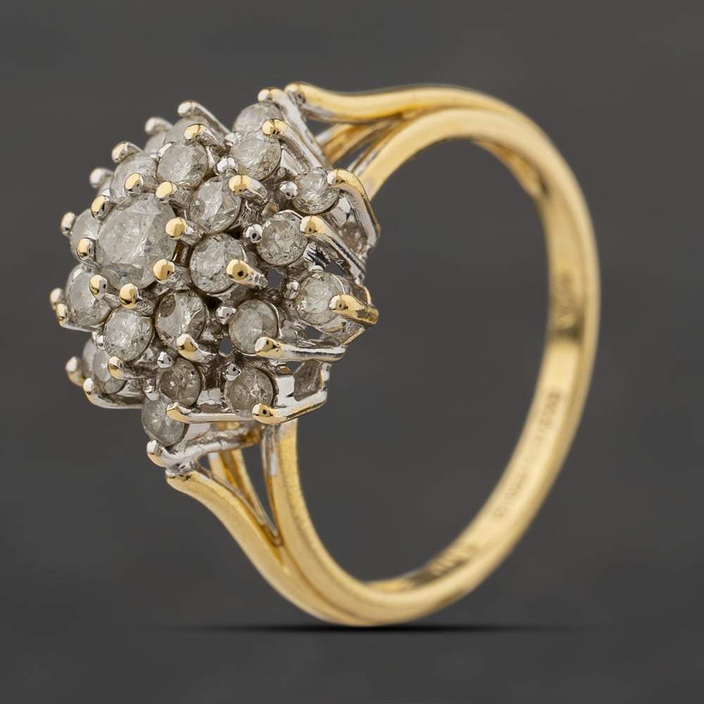 Second Hand 18ct Yellow Gold 1.00ct Brilliant Cut Diamond Tiered Flower Cluster Ring 41482737