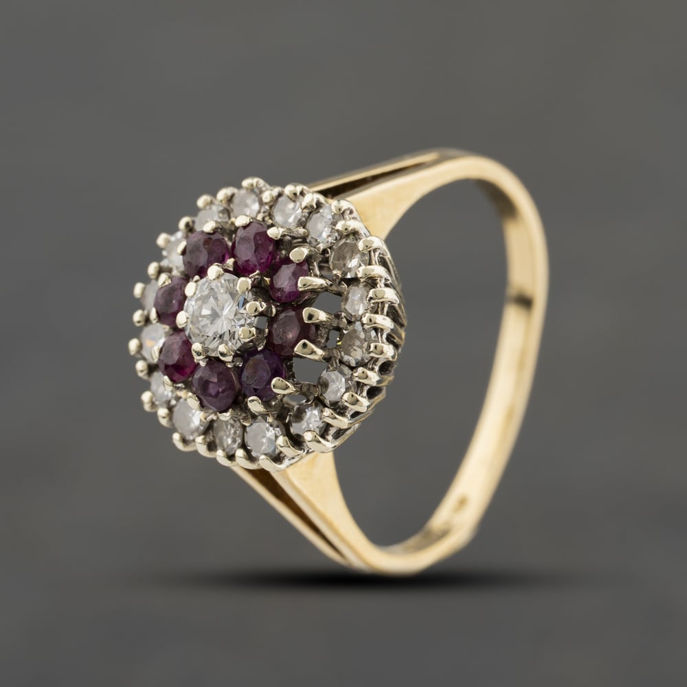 Second Hand 9ct Yellow Gold Ruby & 0.60ct Brilliant Cut Diamond Tiered Cluster Ring 41482760