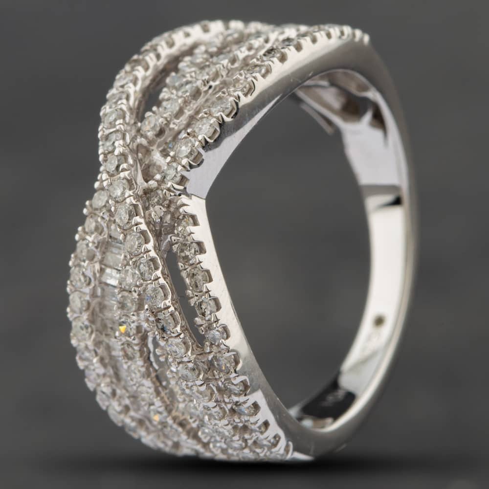Second Hand 9ct White Gold 1.00ct Baguette & Brilliant Cut Diamond Crossover Ring 43091019