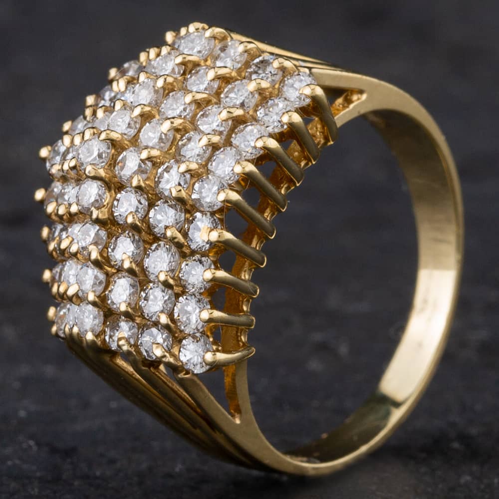 Second Hand 14ct Yellow Gold Brilliant Cut Seven Row Diamond Pyramid Design Cluster Ring 4312097