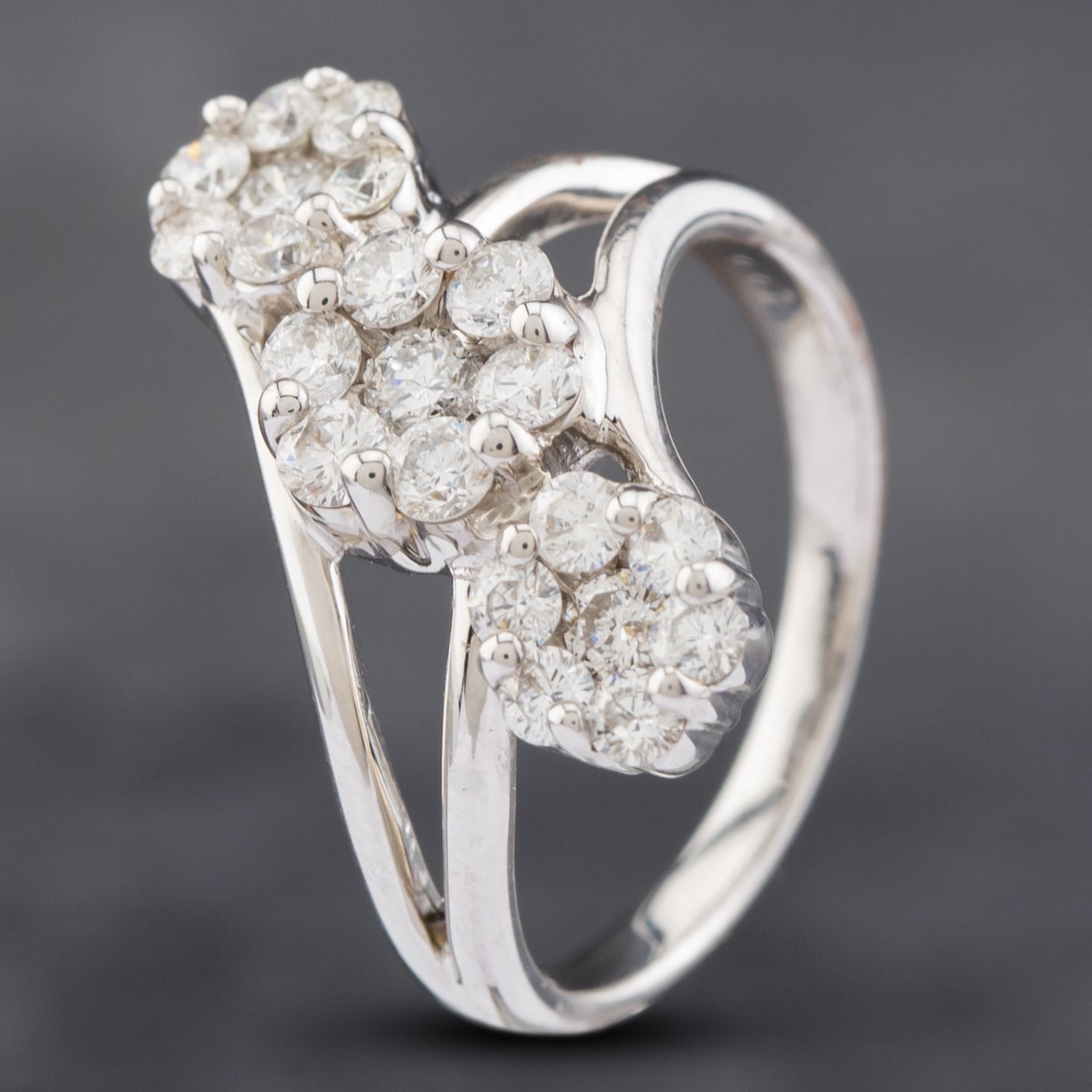 Second Hand 18ct White Gold 1.00ct Brilliant Cut Diamond Cross Over Triple Cluster Ring 43121181