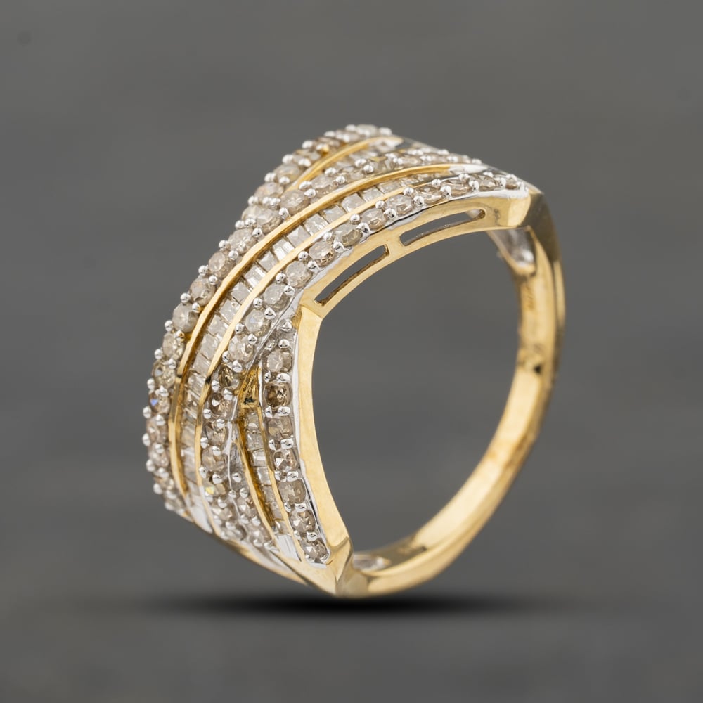 Second Hand 9ct Yellow Gold 1.00ct Diamond Six Row Crossover Ring 43121333