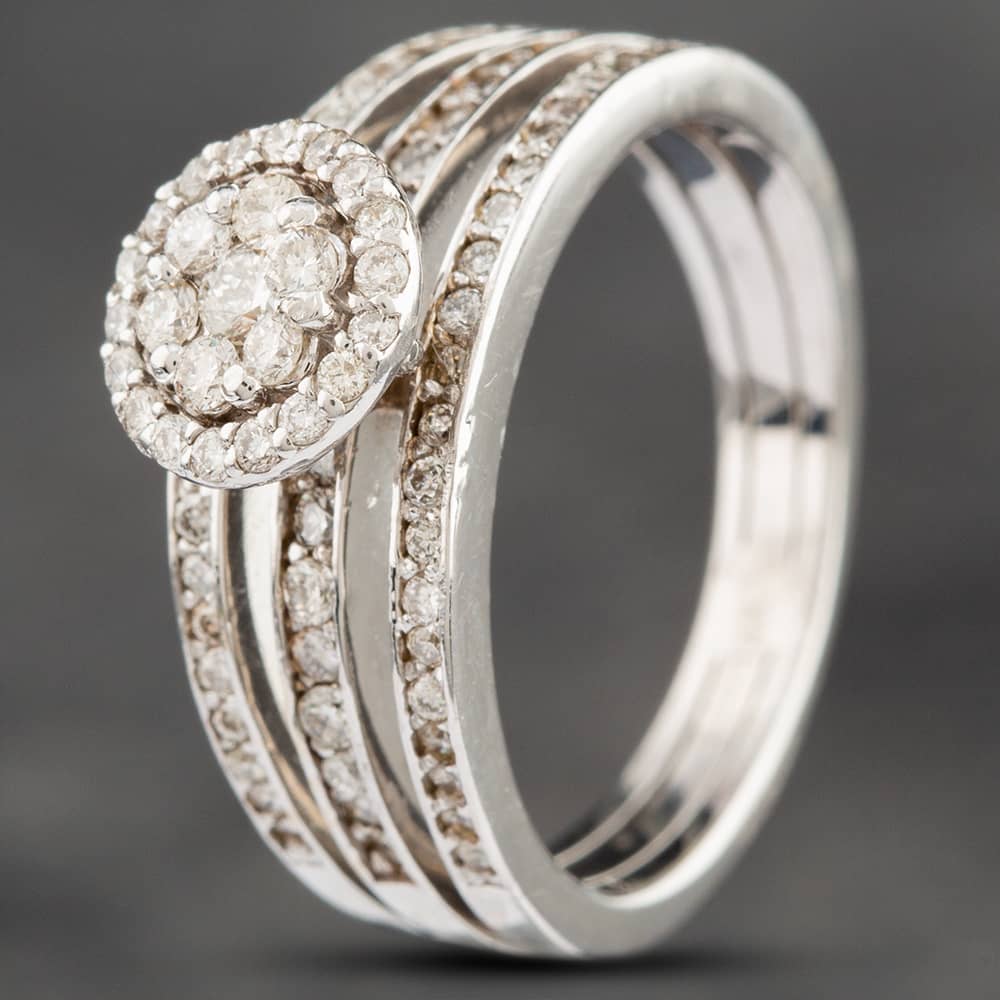 Second Hand 14ct White Gold 0.73ct Brilliant Cut Diamond Three Row Band With Cluster Ring 4312246
