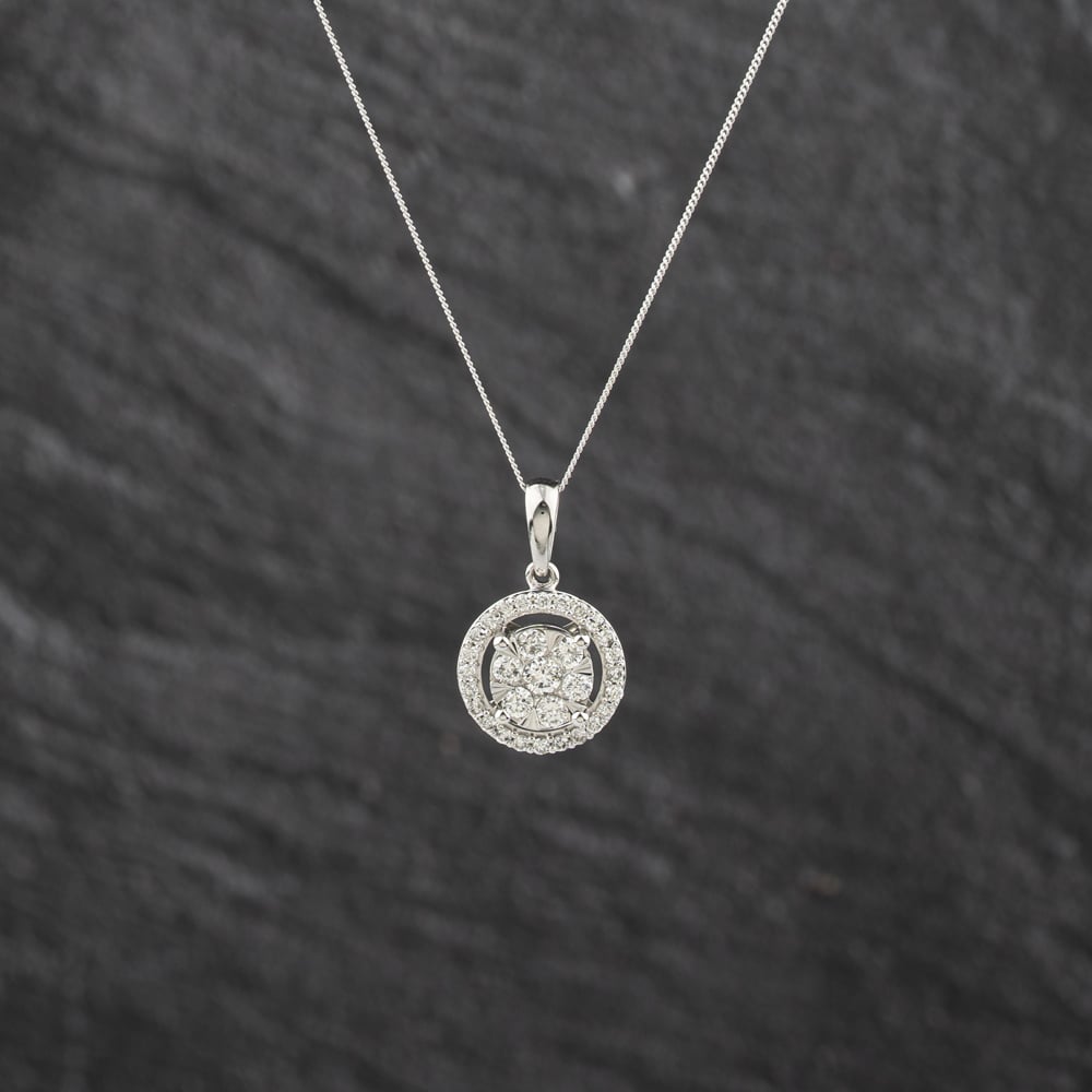 Second Hand 9ct White Gold 0.50ct Brilliant Cut Diamond Halo Cluster Pendant & 18 Inch Curb Chain 43141323