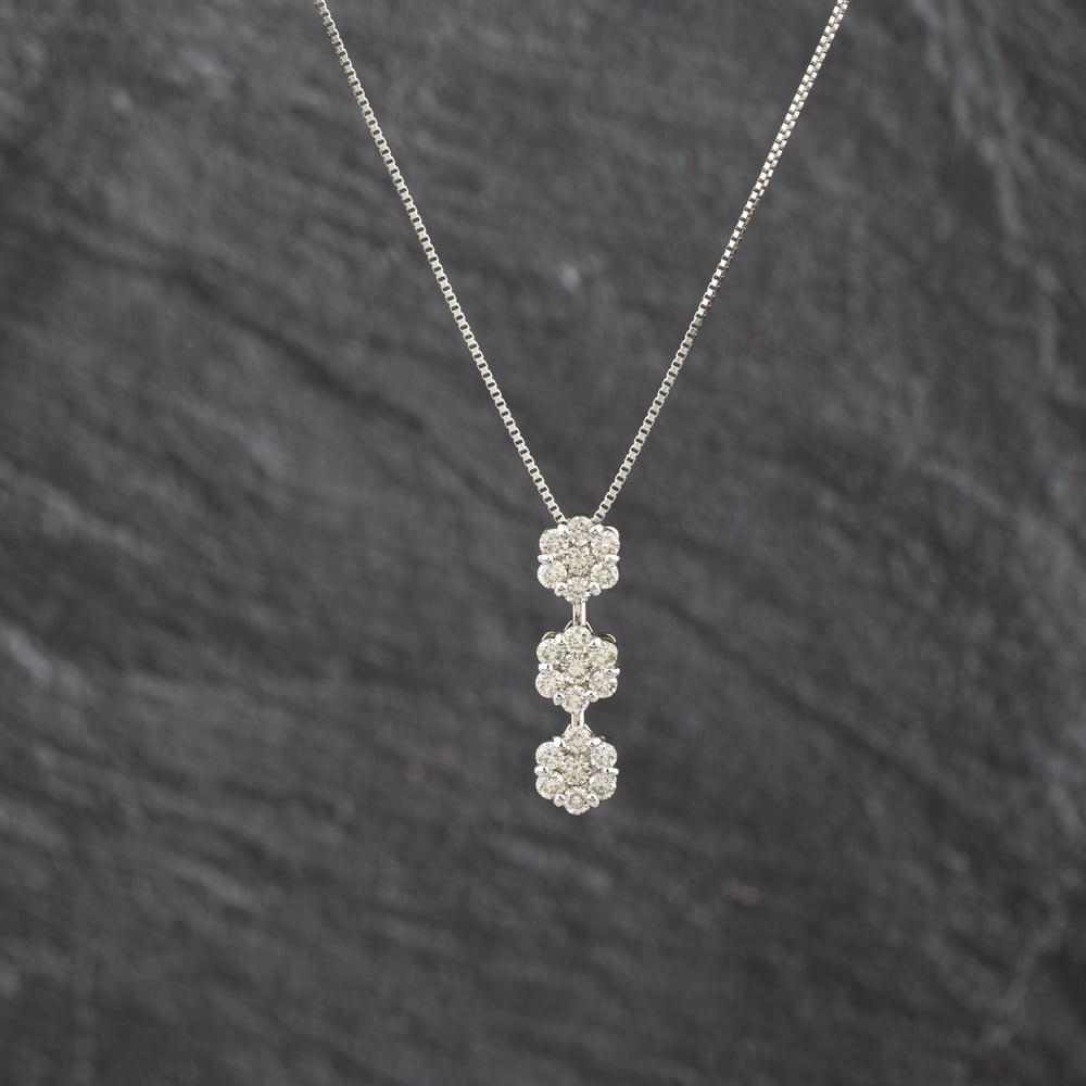 Second Hand 18ct White Gold 1.00ct Brilliant Cut Diamond Triple Flower Cluster Dropper Pendant & 18 Inch Box Chain 43141338