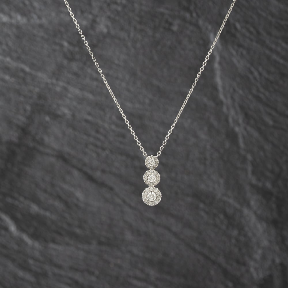 Second Hand 9ct White Gold 0.50ct Brilliant Cut Diamond Triple Flower Cluster Dropper Pendant & 16-18 Inch Trace Chain 43141339