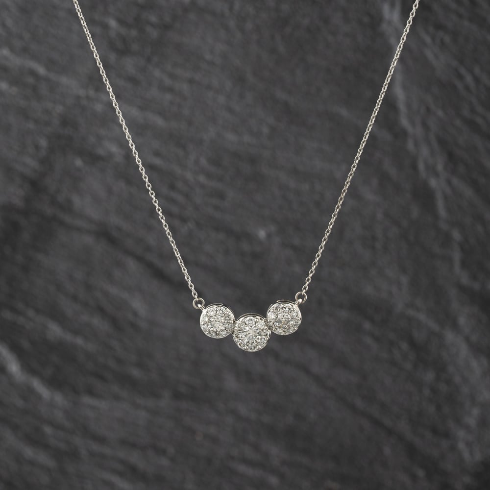Second Hand 9ct White Gold 0.50ct Brilliant Cut Diamond Triple Flower Cluster Dropper Pendant & 16-18 Inch Trace Chain 43141341