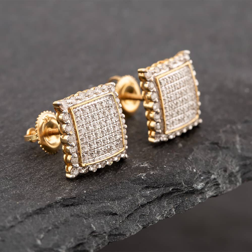 Second Hand 9ct Two Colour Gold Single Cut Diamond Pave Square Stud Earrings 43171027