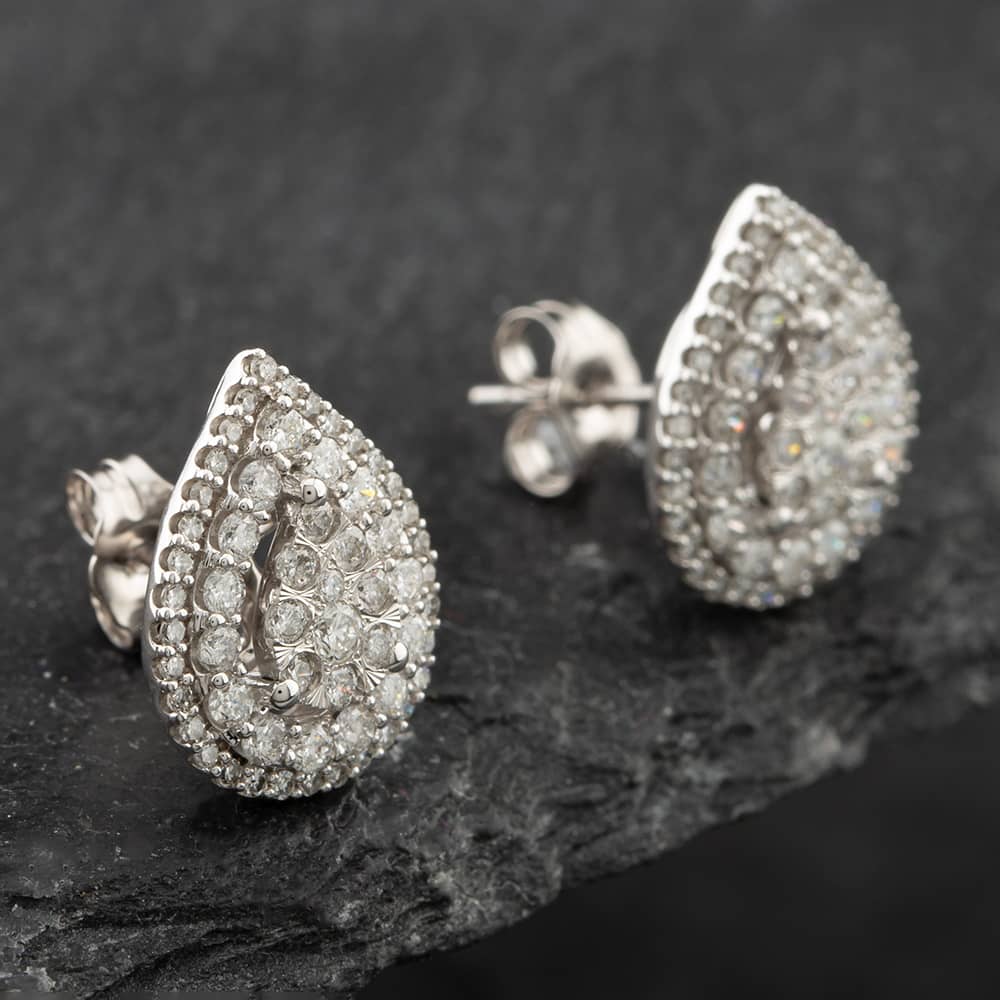 Second Hand 9ct White Gold 1.00ct Brilliant Cut Diamond Pear Shaped Halo Stud Earrings 43171135