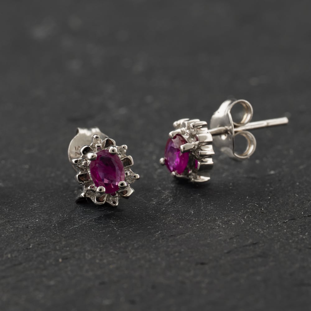Second Hand 9ct White Gold 0.96ct Ruby & 0.09ct Diamond Oval 7mm Stud Earrings 43171465