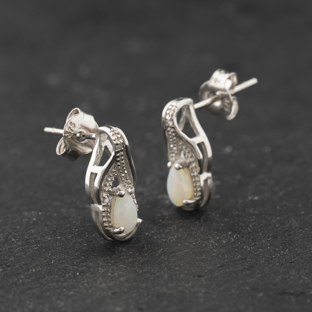 Second Hand 9ct White Gold 0.50ct Opal & 0.05ct Diamond Pear Shaped 12.7mm Stud Earrings 43171469