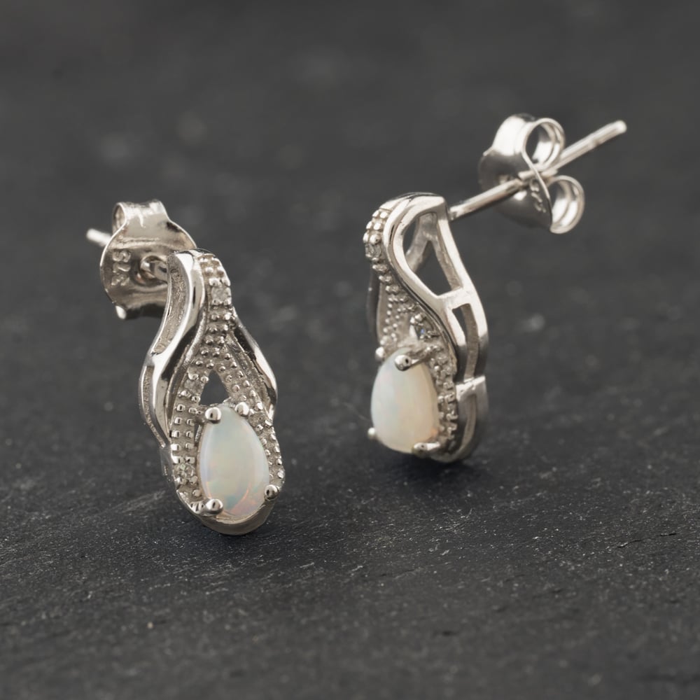 Second Hand 9ct White Gold 0.50ct Opal & 0.05ct Diamond Pear Shaped 12.7mm Stud Earrings 43171474