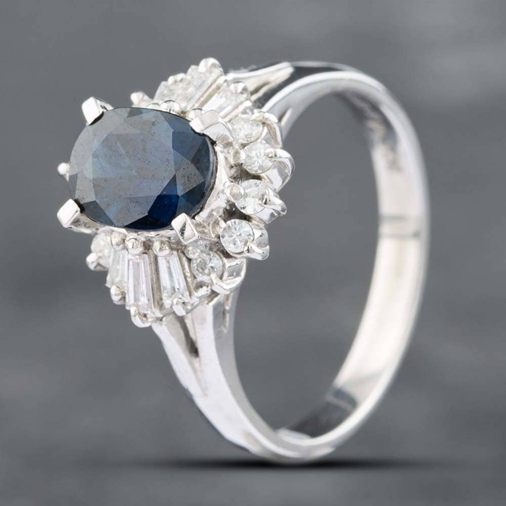 Second Hand Platinum 1.65ct Oval Cut Sapphire & 0.34ct Brilliant Cut Diamond Cluster Ring 43361013