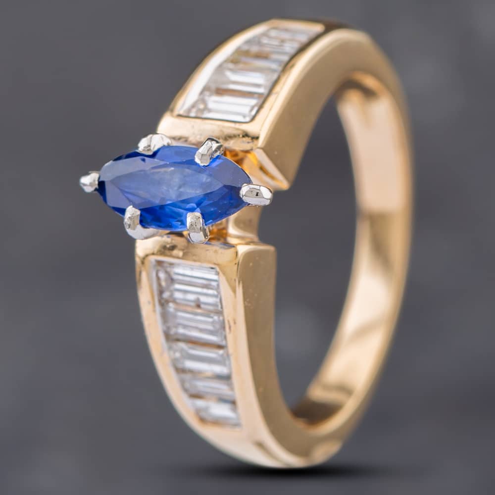 Second Hand 14ct Yellow Gold Marquise Cut Sapphire & Baguette Cut Diamond Set Shoulders Dress Ring 43361071