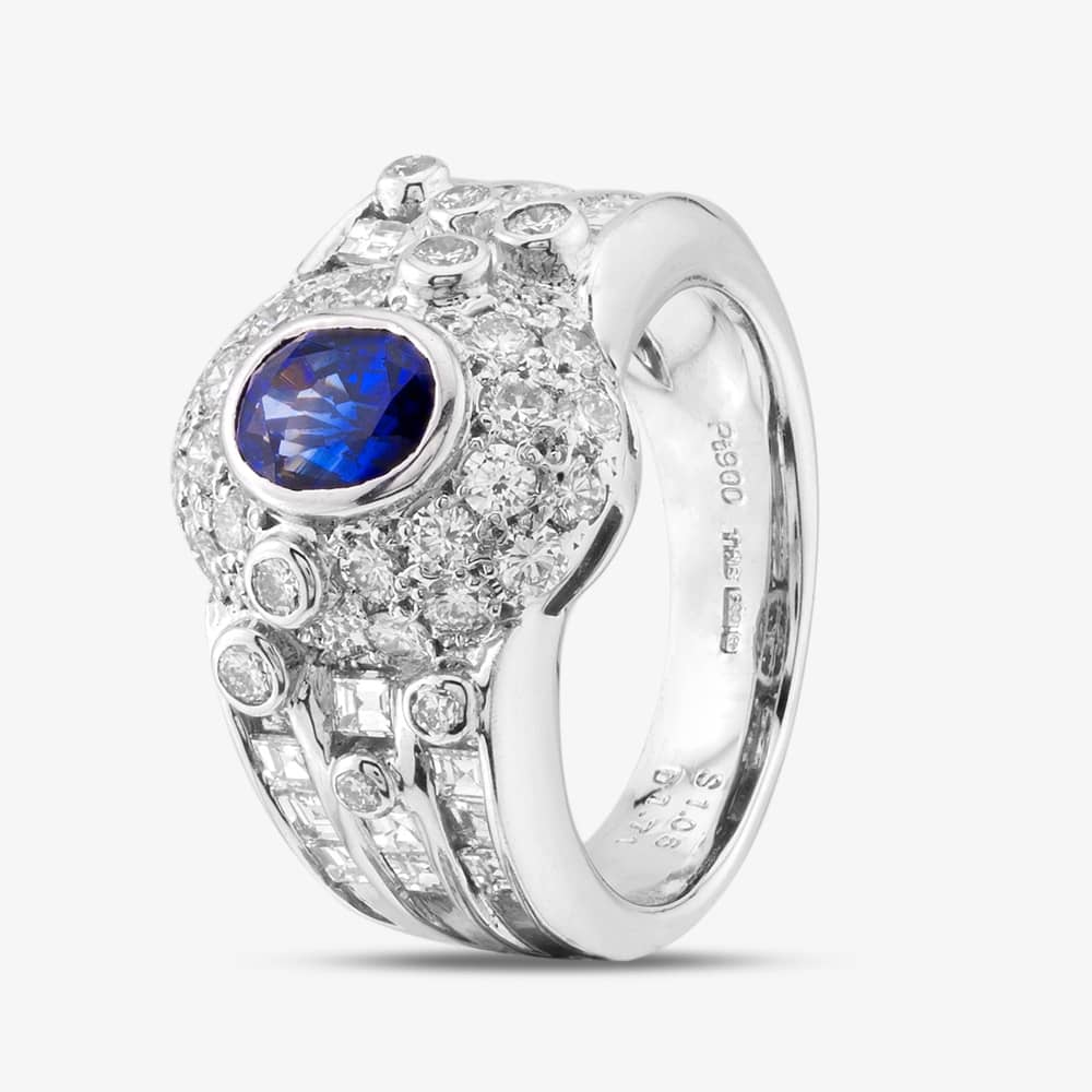 Second Hand Platinum Certificated 1.06ct Sapphire & 2.16ct Diamond Oval Cluster Ring 43361090