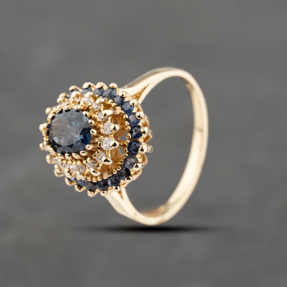 Second Hand 9ct Yellow Gold Sapphire & 0.16ct Diamond Oval Three Tier Cluster Ring 43361192
