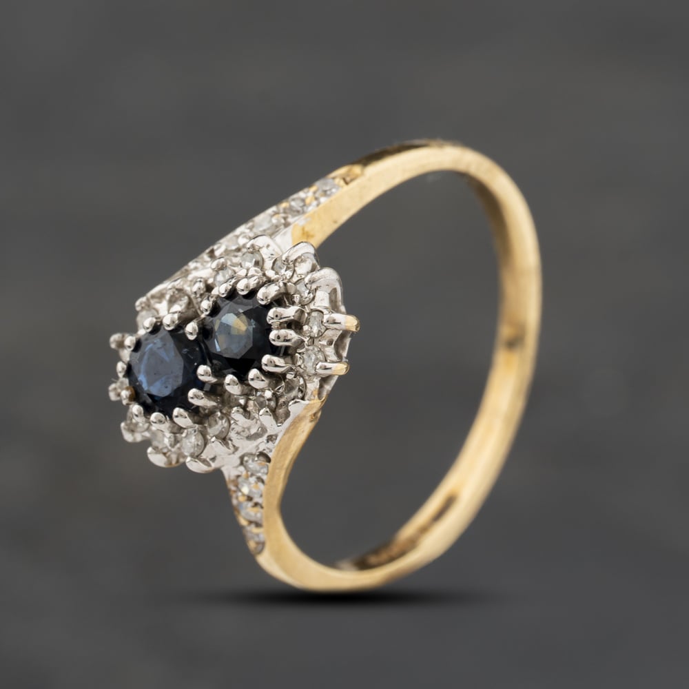 Second Hand 9ct Yellow Gold Sapphire & 0.13ct Diamond Twist Cluster Ring 43361212