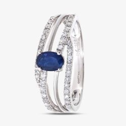 9ct White Gold Blue Oval Sapphire & 0.20ct Diamond Three Row Cross Over Ring DR1109W SA