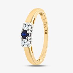 9ct Yellow Gold Three Stone Blue Sapphire 0.15ct Diamond Ring PR06007Y SA