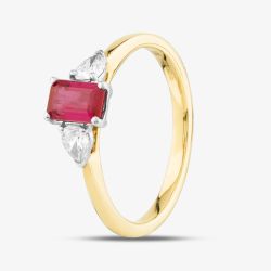 18ct Yellow Gold 0.63ct Emerald Cut Ruby & 0.27ct Pear Cut Diamond Shoulder Set Solitaire Ring MQ8221