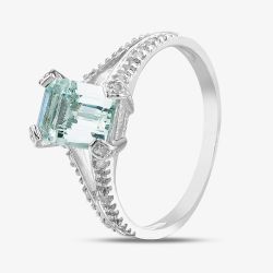 9ct White Gold Emerald Cut Aquamarine & Diamond Split Shoulders Ring PR07262W AQ