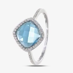 9ct White Gold Cushion Cut Blue Topaz Diamond Set Shoulder Ring DR1503W BT
