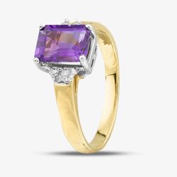 9ct Yellow Gold Emerald Cut Amethyst & Diamond Shoulder Set Solitaire Ring L51768