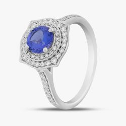 18ct White Gold 0.85ct Brilliant Cut Tanzanite & 0.33 Diamond Shoulder Set Halo Ring NTR2017TZD-18W