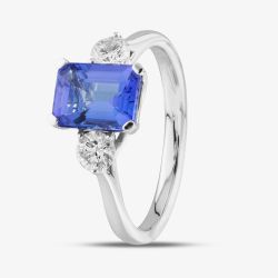 18ct White Gold 1.77ct Emerald Cut Tanzanite & 0.37ct Brilliant Cut Diamond Three Stone Ring R63929W-TZ M