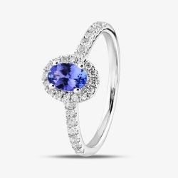 18ct White Gold Oval Cut Tanzanite & Diamond Shoulder Set Halo Ring R57197W-TZ M
