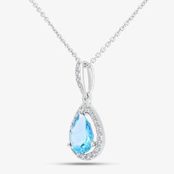 9ct White Gold Pear Shaped Blue Topaz & Diamond Pendant Necklace DP1618WBT