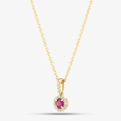 9ct Yellow Gold 0.20ct Brilliant Cut Ruby & 0.08ct Diamond Halo Necklace WWW2832