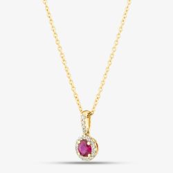 9ct Yellow Gold 0.38ct Brilliant Cut Ruby & 0.10ct Diamond Halo Necklace WWW2367