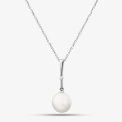 9ct White Gold Freshwater Pearl & Diamond Bar Pendant Necklace POZ80125DD