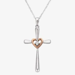 9ct Two Tone Gold 0.01ct Diamond Cross And Heart Pendant TH0121843