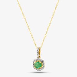  9ct Yellow Gold Emerald & 0.09ct Diamond Halo Pendant Necklace OJP1701-E