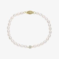 9ct Yellow Gold Flower Diamond Freshwater Pearl Beaded Bracelet GB531W