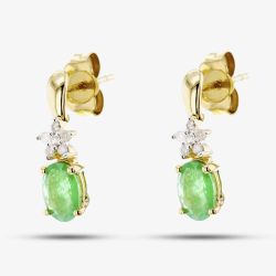 9ct Gold Oval Emerald Diamond Cluster Dropper Earrings VE0S296 9KY/EM