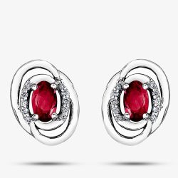 9ct White Gold Oval Ruby and Diamond Swirl Stud Earrings E3417W-10 RUBY