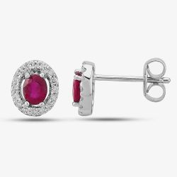9ct White Gold Diamond Ruby Oval Cluster Earrings GE703R