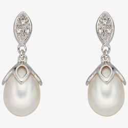 9ct White Gold Diamond And Fresh Water Pearl Dropper Earrings GE2223W