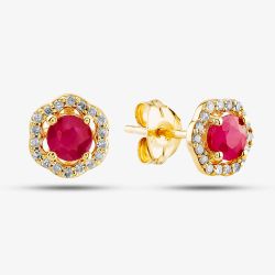  9ct Yellow Gold Ruby & Diamond Halo Stud Earrings OJE1701-R