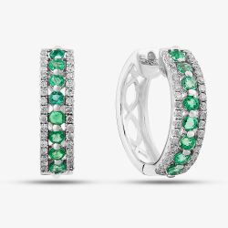 9ct White Gold Emerald and Diamond Three Row Hoop Earrings PE04865 EM