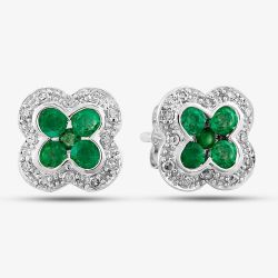 9ct White Gold Emerald and Diamond Quatrefoil Cluster Stud Earrings PE04942 EM
