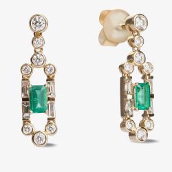 18ct Gold Gatsby Baguette-cut Emerald and Round Diamond Dropper Earrings LG194/EB-PR(EM)