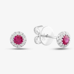 18ct White Gold Brilliant Cut Ruby & Diamond Halo Stud Earrings 36845G1